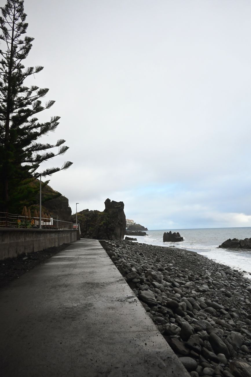 A traveler walking on a mist-covered coastal path